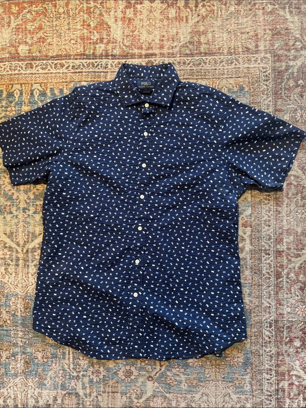 Polo by Ralph Lauren Navy Short-Sleeve Button-Down with White Micro Print
